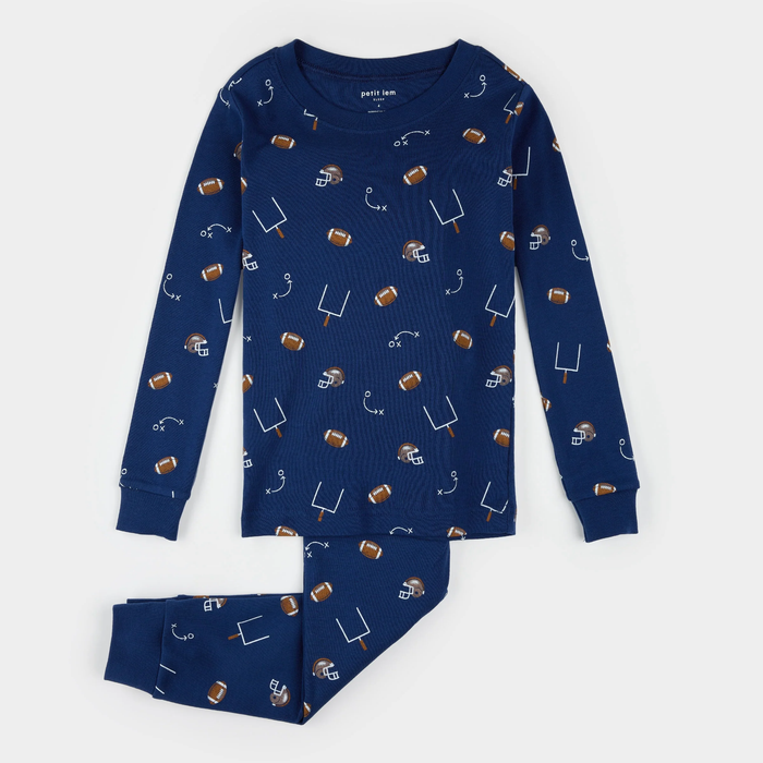 PETIT LEM: FOOTBALL PLAY PRINT ON BLUE PJ SET - NAVY
