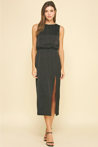 PINCH: SILKY SIDE SLIT MIDI DRESS - BLACK