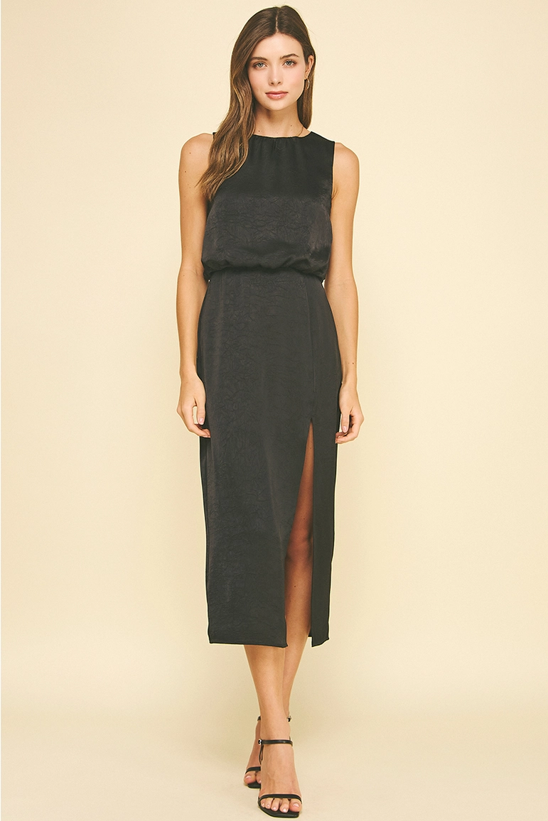 PINCH: SILKY SIDE SLIT MIDI DRESS - BLACK