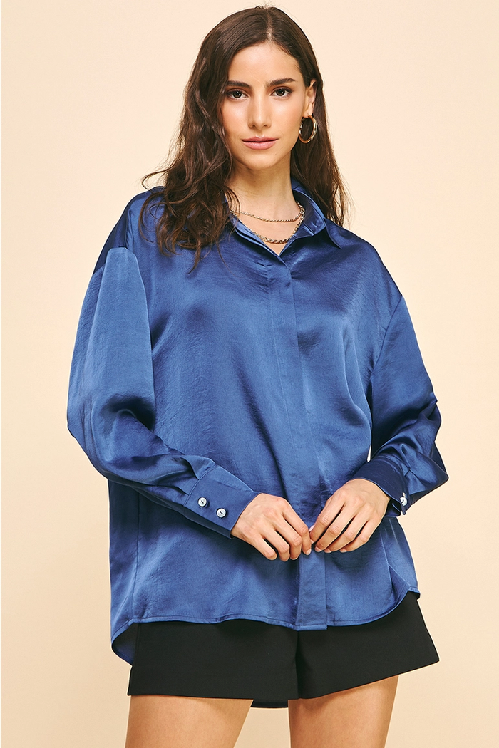 PINCH: SOLID SATIN BLOUSE TOP  - MIDNIGHT BLUE