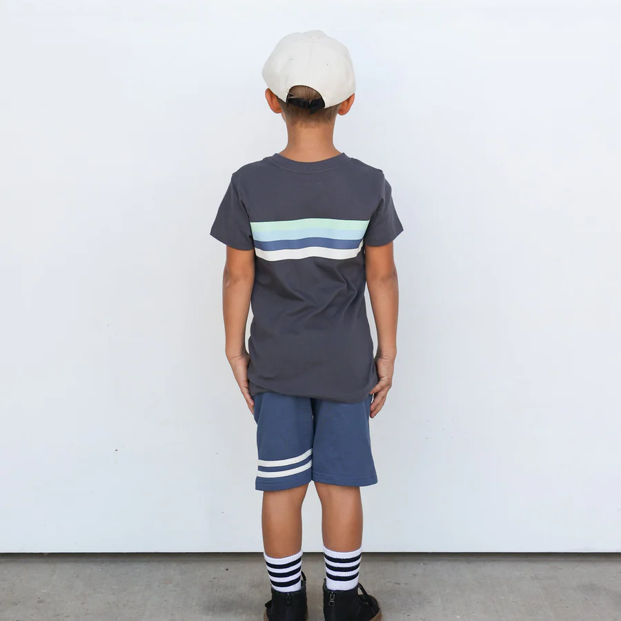 TINY WHALES: BOLT STRIPE TEE - VINTAGE BLACK/SEAFOAM