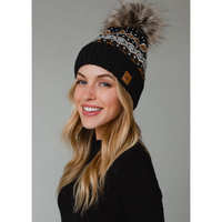 PANACHE APPAREL: DARK GRAY, WHITE, MUSTARD & BLUE PATTERNED POM HAT