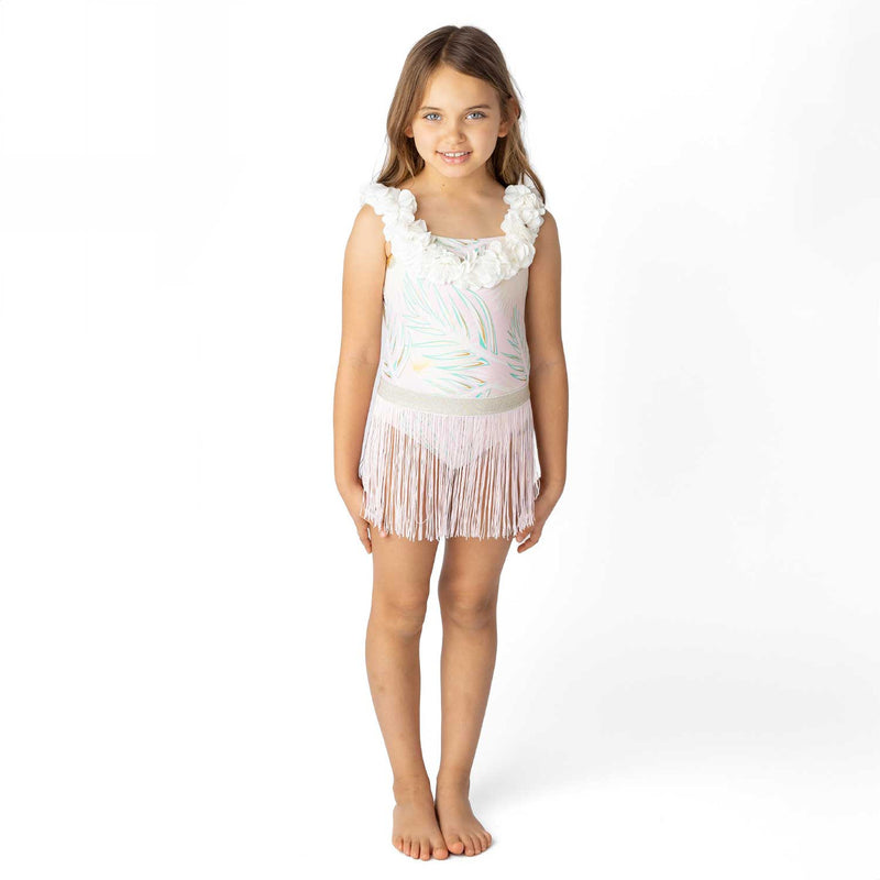 SHADE CRITTERS: PINK & GREEN METALLIC GIRLS HULA ONE PIECE & SKIRT SWIM SET