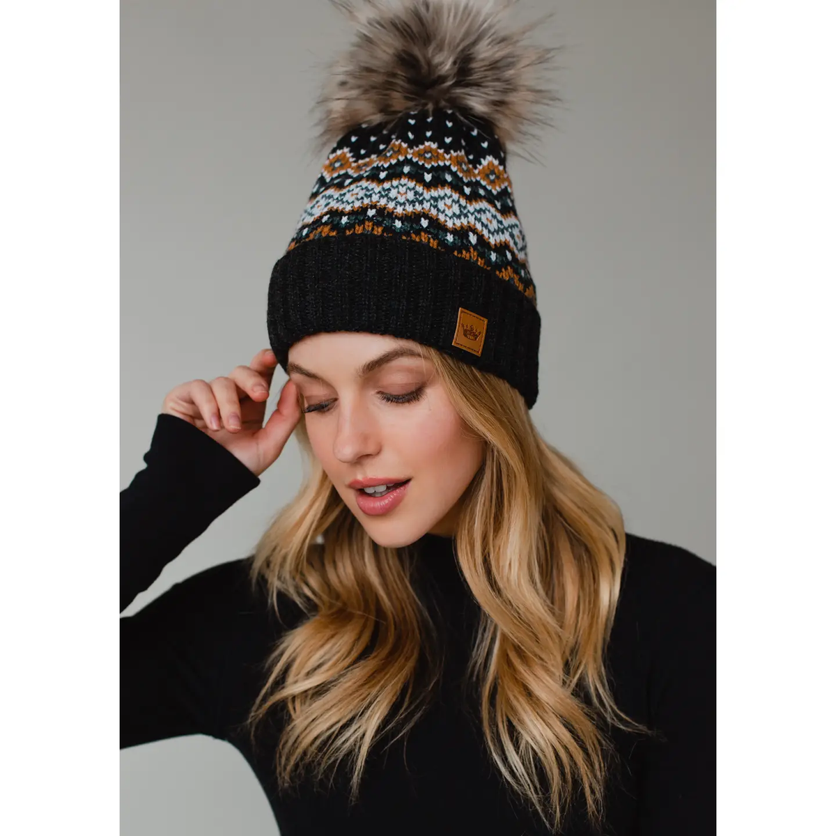 PANACHE APPAREL: DARK GRAY, WHITE, MUSTARD & BLUE PATTERNED POM HAT