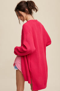 CABLE KNIT OPEN FRONT LONG CARDIGAN - HOT PINK