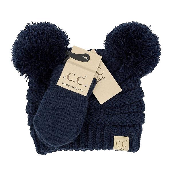 CC BEANIE: SOLID KNIT DOUBLE POM BEANIE WITH MITTEN SET