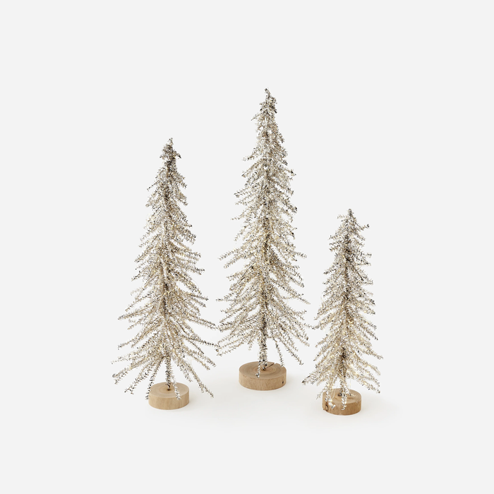 LIT SILVER TINSEL TREE WITH ADAPTER - (SET OF 3)
