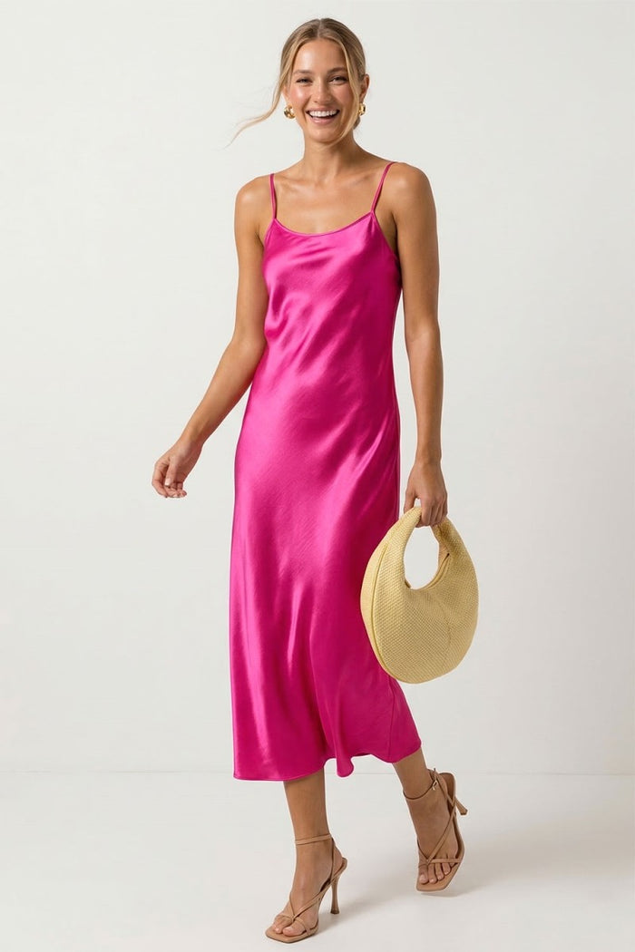 SATIN MAXI SLIP DRESS - HOT PINK