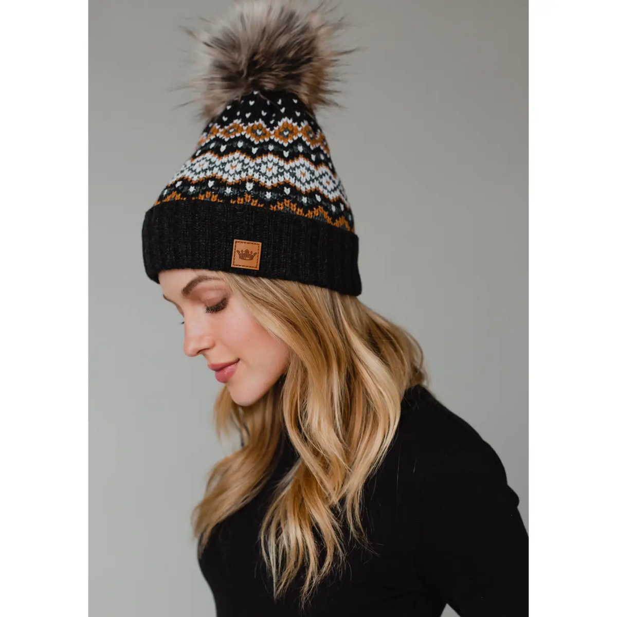 PANACHE APPAREL: DARK GRAY, WHITE, MUSTARD & BLUE PATTERNED POM HAT