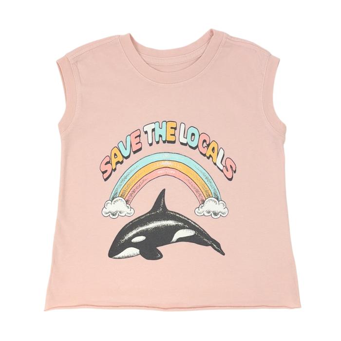 TINY WHALES: SAVE THE LOCALS COTTON JERSEY MUSCLE TEE - FADED PINK