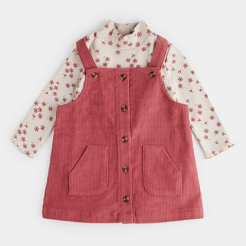 PETIT LEM: RASPBERRY CORDUROY OVERALL 2PC DRESS SET