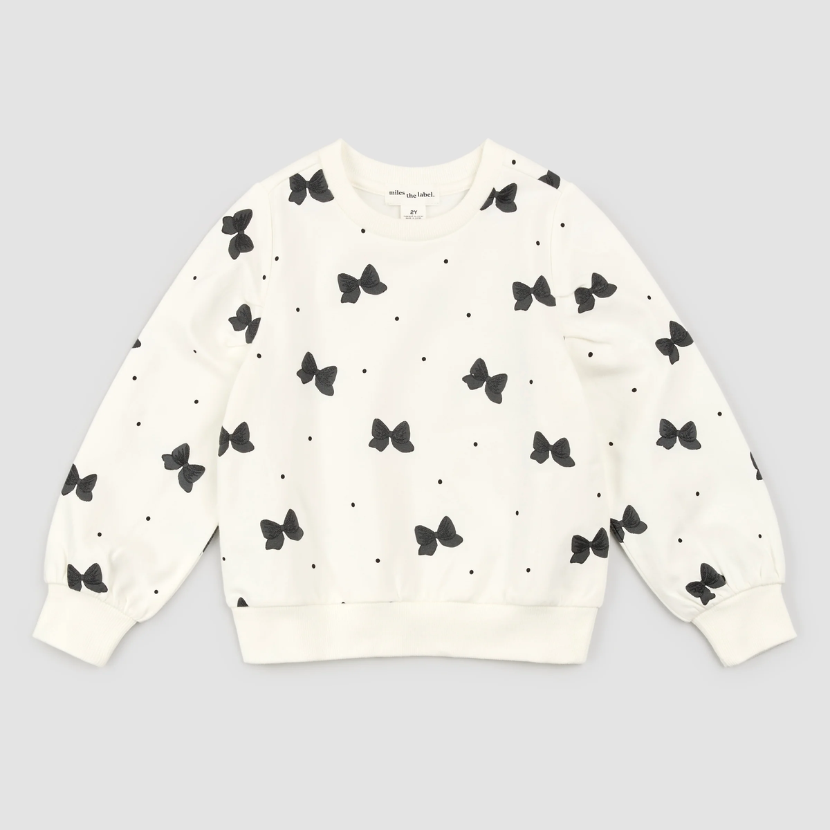 MILES THE LABEL: GLITTER BOW PRINT ON OFF-WHITE SWEATSHIRT & BLACK VELOUR LEGGINGS SET
