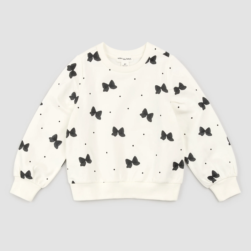 MILES THE LABEL: GLITTER BOW PRINT ON OFF-WHITE SWEATSHIRT & BLACK VELOUR LEGGINGS SET