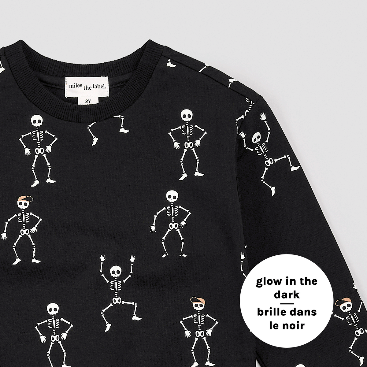 MILES THE LABEL: DANCING GLOW-IN-THE-DARK SKELETONS SWEATSHIRT - BLACK