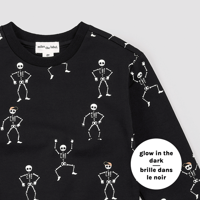 MILES THE LABEL: DANCING GLOW-IN-THE-DARK SKELETONS SWEATSHIRT - BLACK
