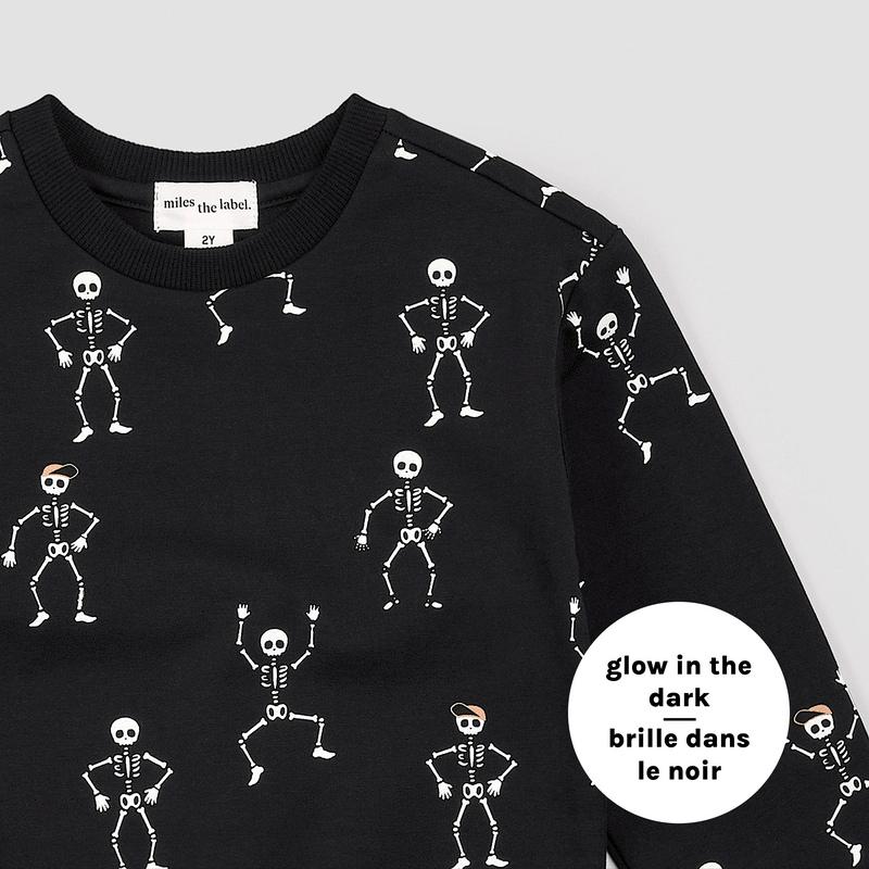 MILES THE LABEL: DANCING GLOW-IN-THE-DARK SKELETONS SWEATSHIRT - BLACK