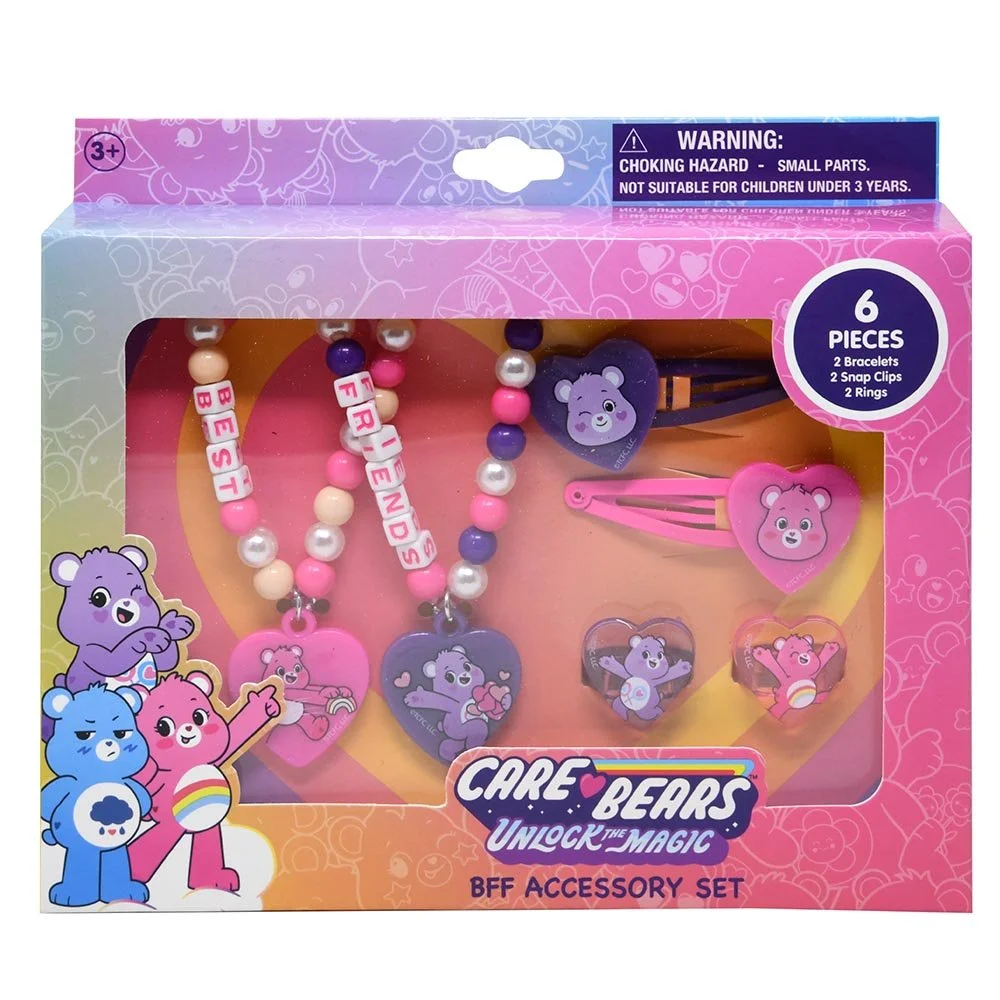 CARE BEARS: 6-PIECE ACCESSORY SET - 2 BEADED BRACELETS WITH CHARM, 2 SNAP CLIPS, 2 RINGS