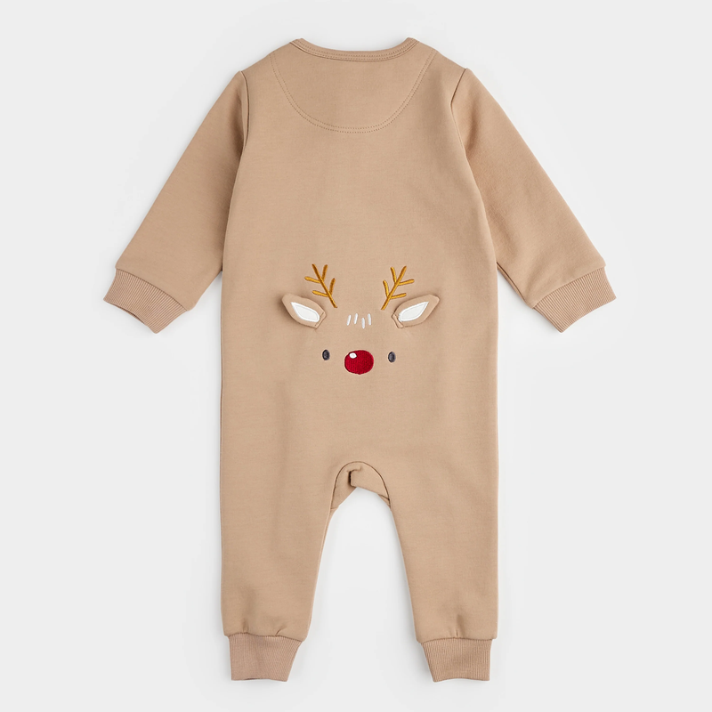 PETIT LEM: LITTLEST REINDEER ON TAUPE FLEECE PLAYSUIT