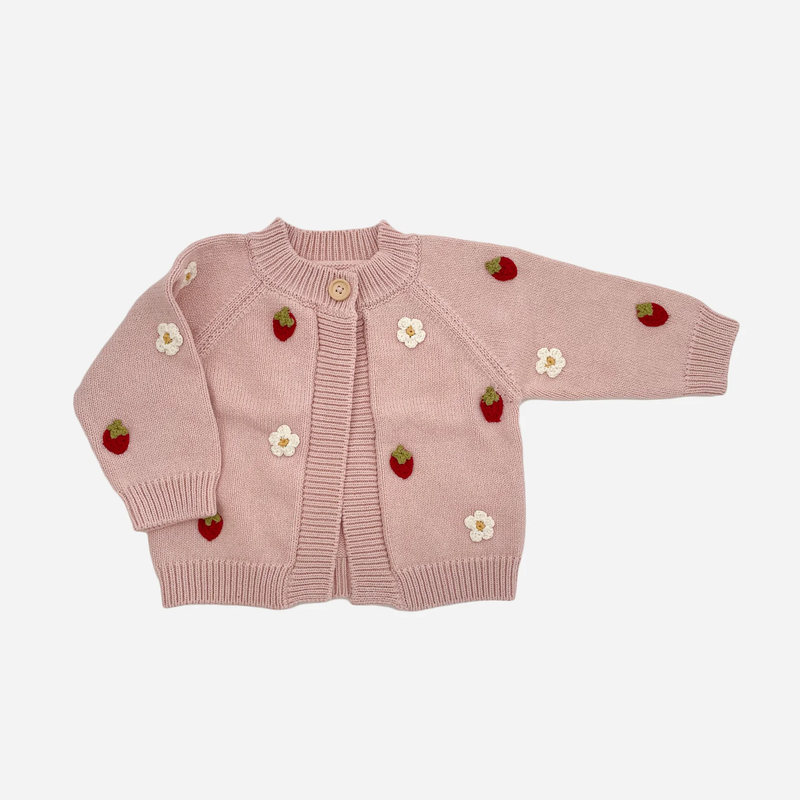 THE BLUEBERRY HILL: COTTON STRAWBERRY FLOWER CARDIGAN - BLUSH