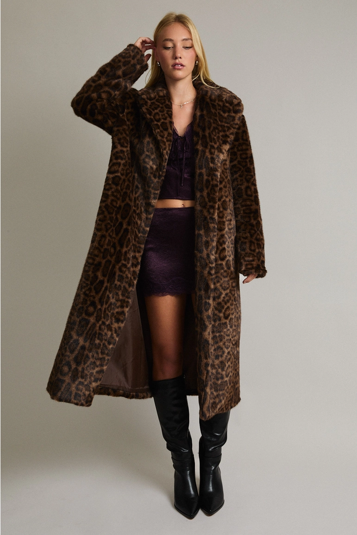 LE LIS: FAUX FUR LONG COAT - BROWN-BLACK ANIMAL PRINT
