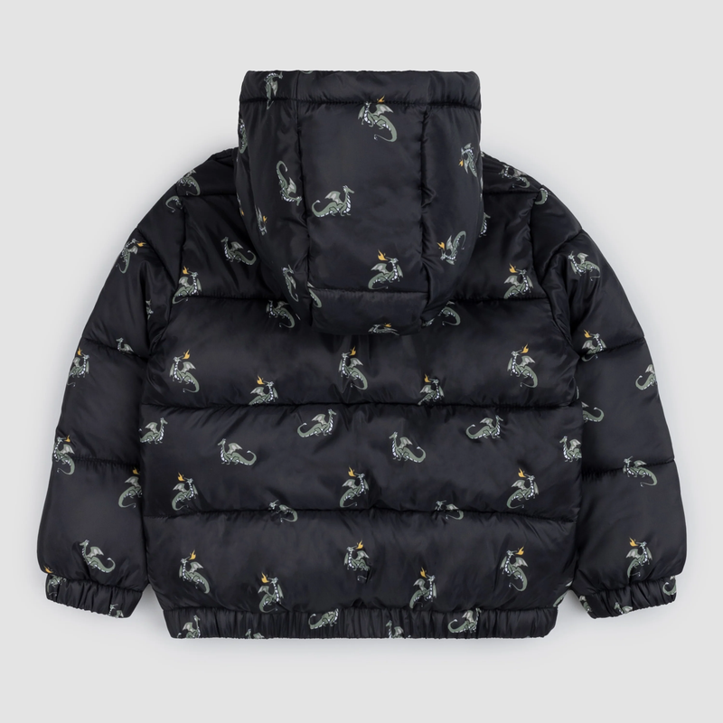 MILES THE LABEL: DRAGON PRINT ON BLACK HOODED PACKABLE JACKET WITH MATCHING BAG