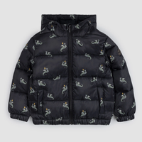 MILES THE LABEL: DRAGON PRINT ON BLACK HOODED PACKABLE JACKET WITH MATCHING BAG