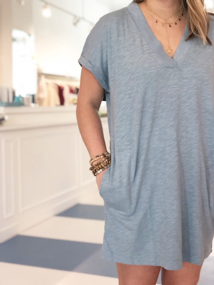 BOBI: ROLLED CUFF SHORT SLEEVE V-NECK DOLMAN DRESS - RAINSTORM