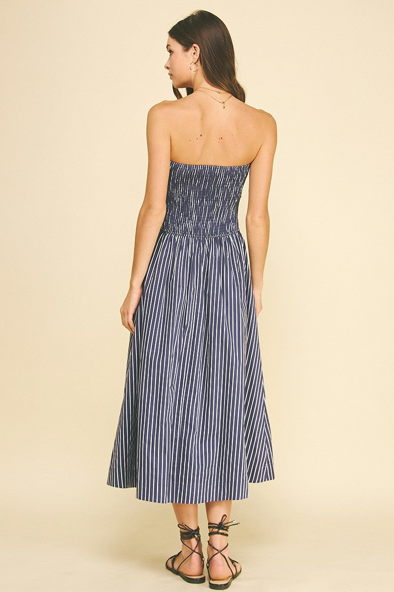 PINCH: STRIPED SMOCKED TUBE MIDI DRESS - NAVY