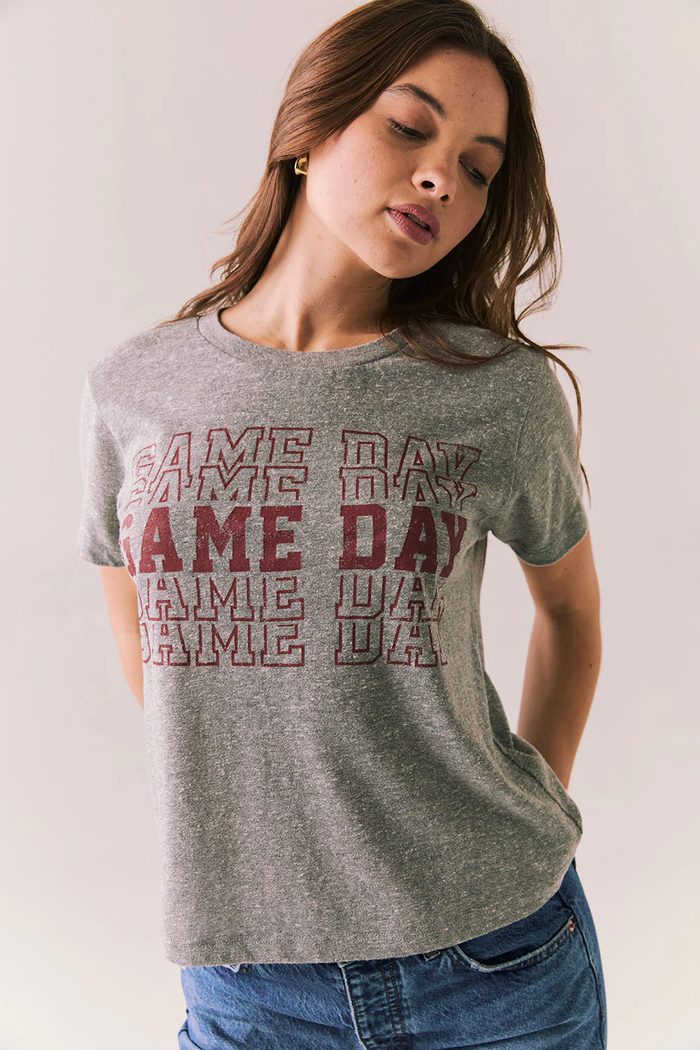 CHASER: GAME DAY TEE – GRAY VINTAGE-STYLE TEE WITH MAROON GRAPHIC