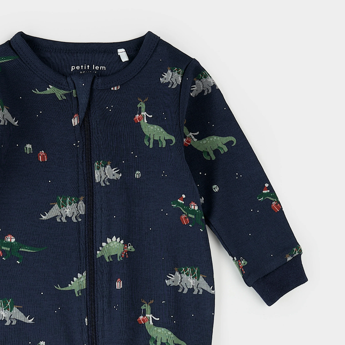 PETIT LEM : HOLIDAY DINOSAUR PRINT ON NAVY SLEEPER