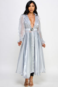 ORGANZA SHEER MESH COAT DRESS WITH BELT- SILVER