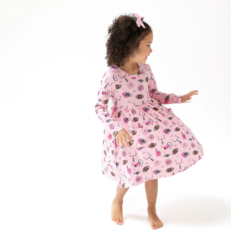 ANGEL DEAR: TWIRLY LONG SLEEVE DRESS - GAME DAY PINK
