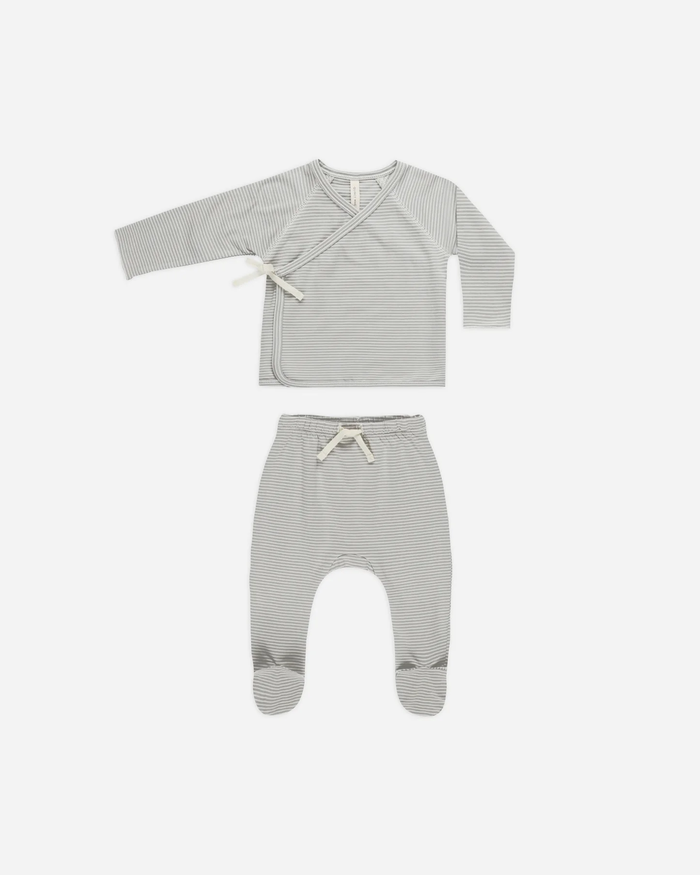 QUINCY MAE: WRAP TOP + FOOTED PANT SET || BLUE MICRO STRIPE