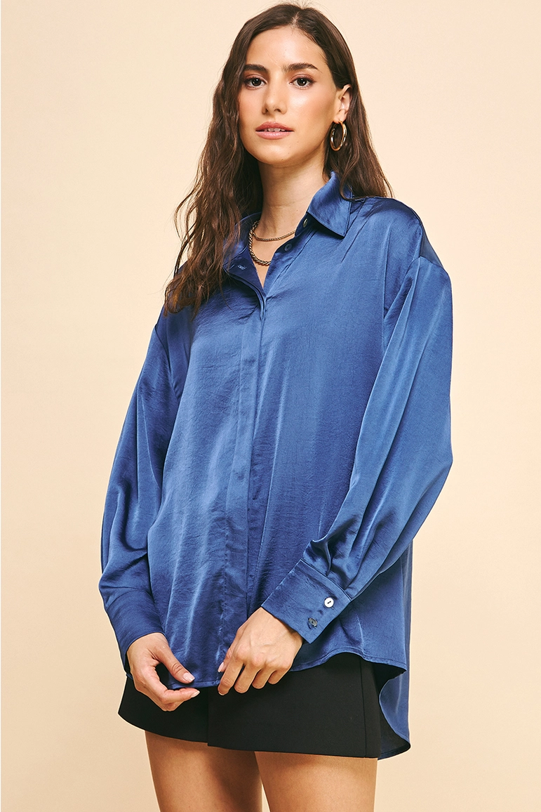 PINCH: SOLID SATIN BLOUSE TOP  - MIDNIGHT BLUE