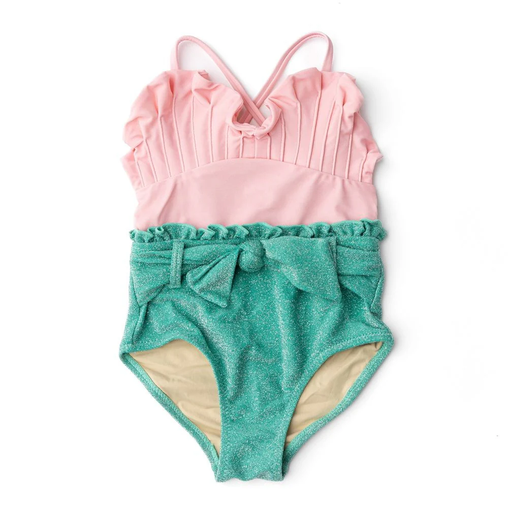 SHADE CRITTERS: PINK & GREEN SHIMMER MERMAID SHELL ONE PIECE SWIMSUIT