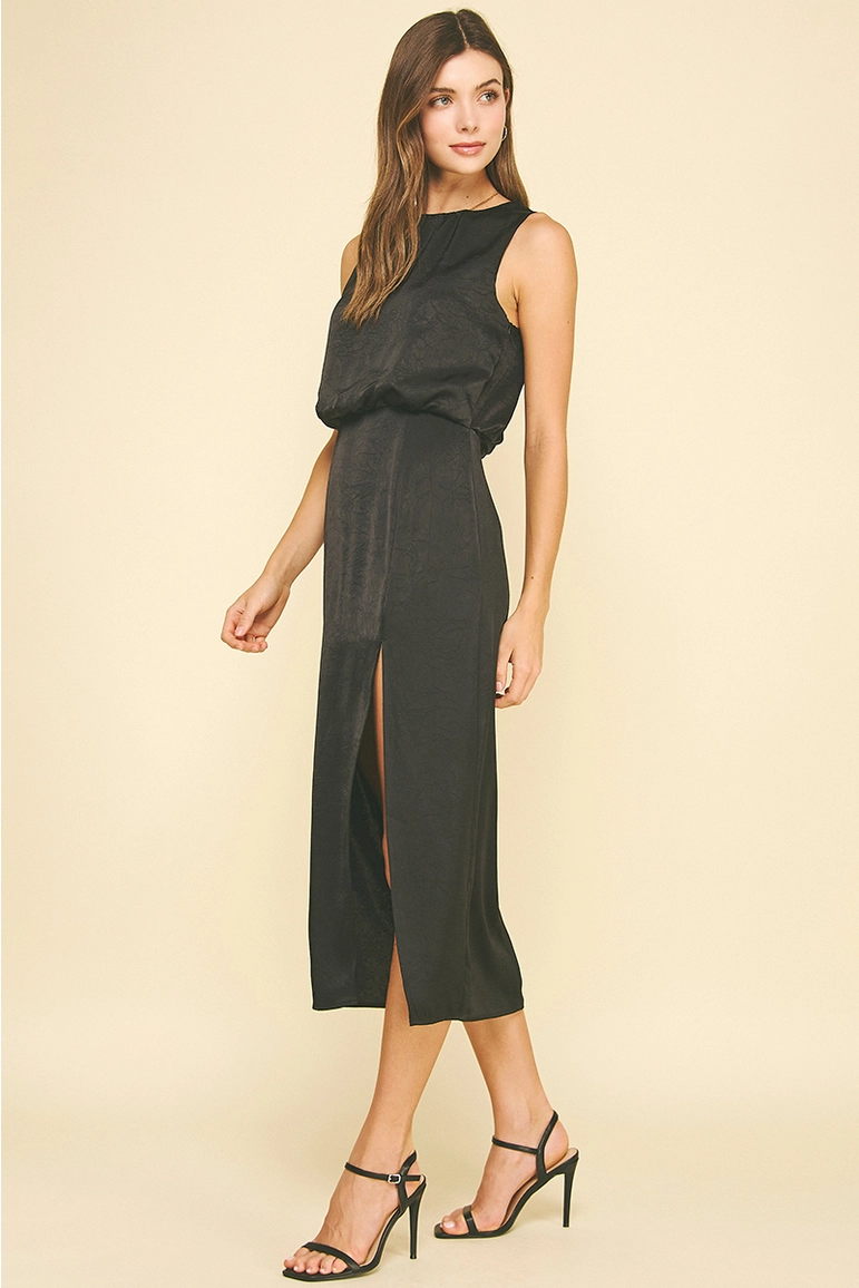 PINCH: SILKY SIDE SLIT MIDI DRESS - BLACK