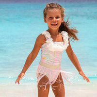 SHADE CRITTERS: PINK & GREEN METALLIC GIRLS HULA ONE PIECE & SKIRT SWIM SET