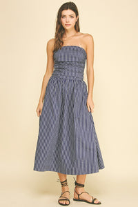 PINCH: STRIPED SMOCKED TUBE MIDI DRESS - NAVY