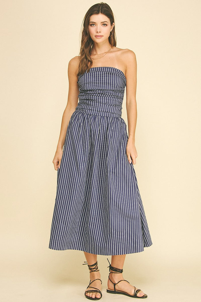 PINCH: STRIPED SMOCKED TUBE MIDI DRESS - NAVY