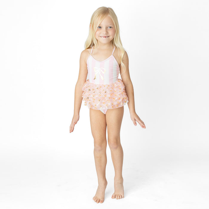 SHADE CRITTERS: BOW STRIPE SKIRTED ONE PIECE SWIMSUIT - BLUSH