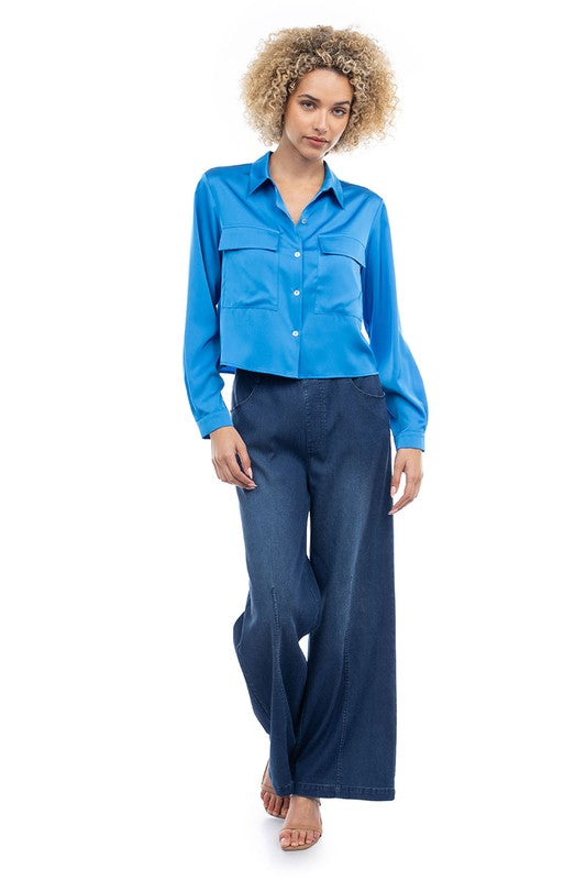 CROPPED BLOUSE WITH FLAP POCKETS - IBIZA BLUE