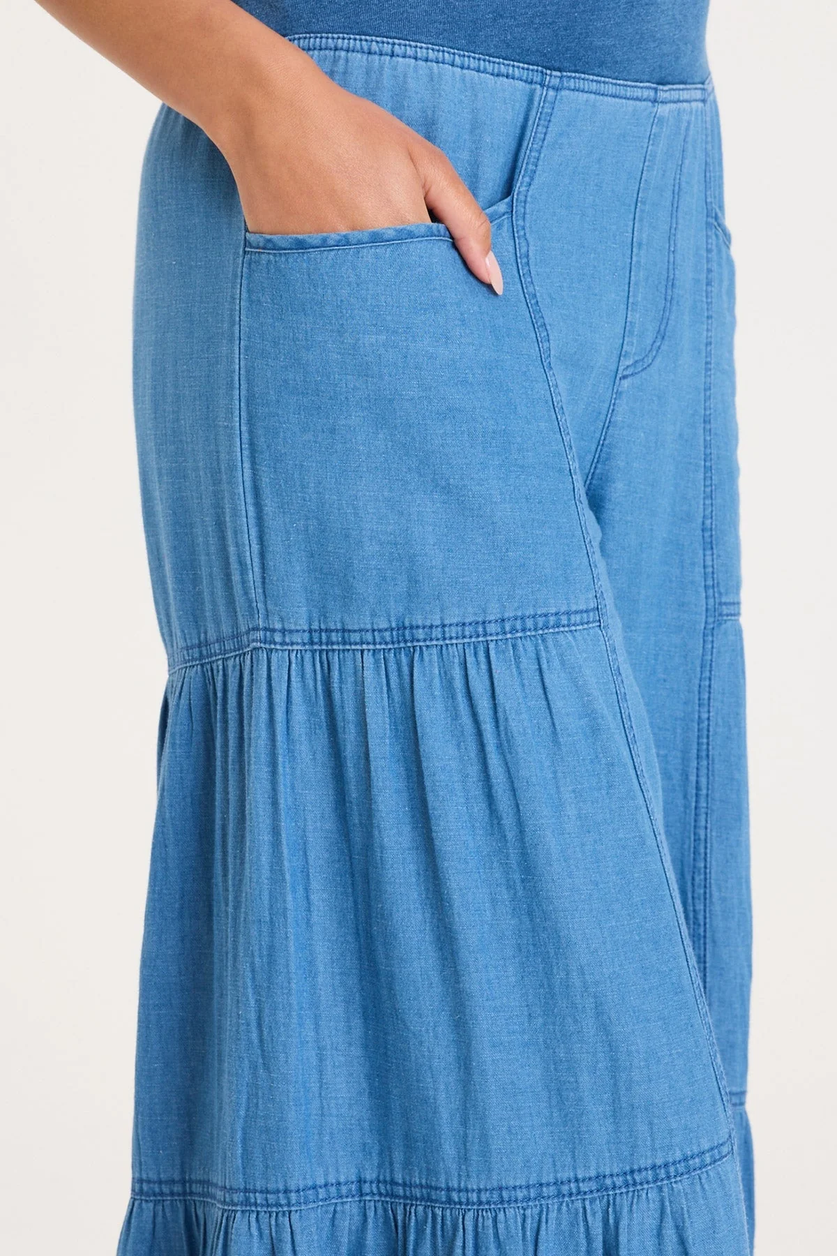 XCVI: DUGAN MOCK-DENIM SIDE TIERED WIDE LEG PANT - ETIOLATE WASH