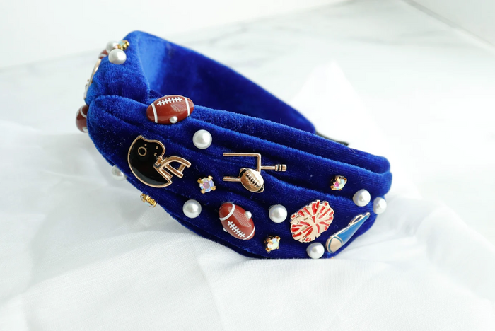 VELVET FOOTBALL CHARM KNOTTED HEADBAND - BLUE
