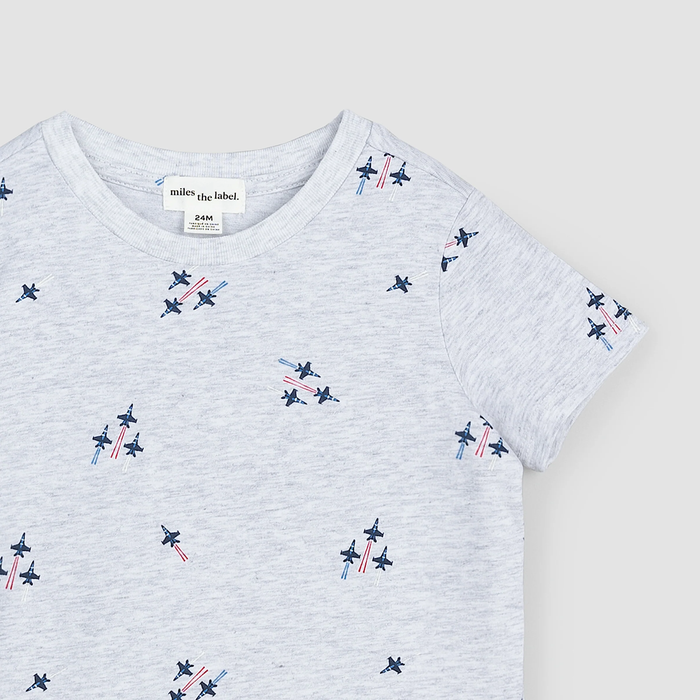 MILES THE LABEL: FIGHTER JET PRINT ON LIGHT GREY MIX TEE