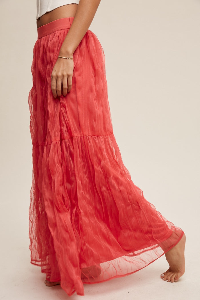 RUFFLED PLISSE MAXI SKIRT - CORAL