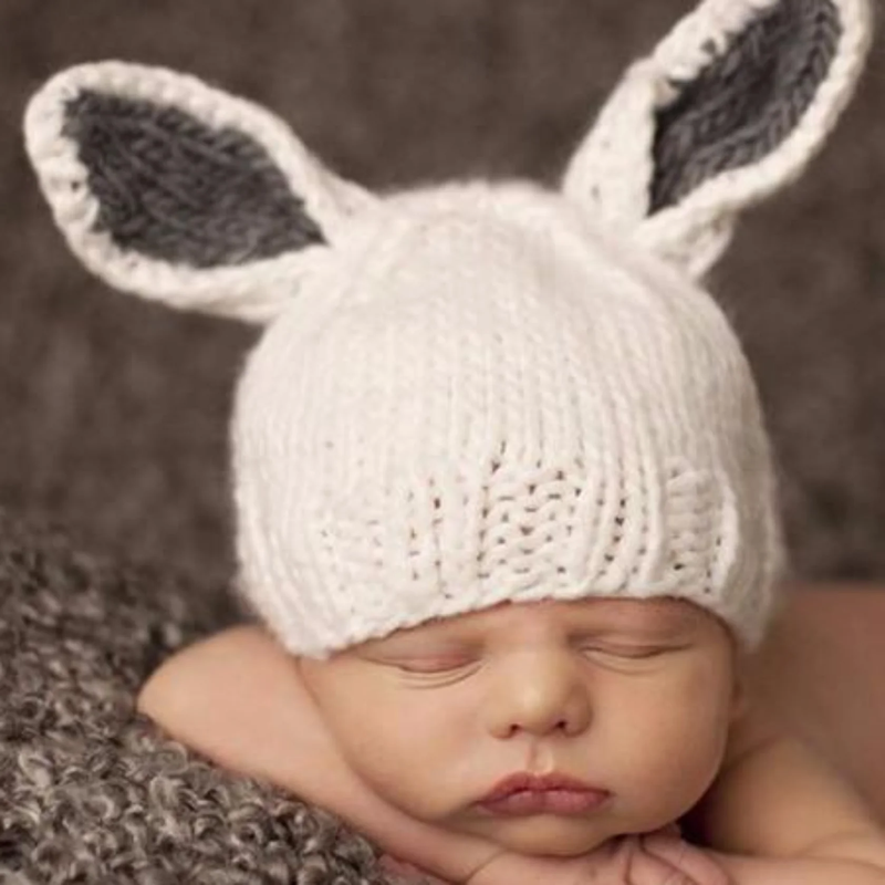 THE BLUEBERRY HILL: BAILEY BUNNY HAND-KNIT HAT - WHITE WITH GRAY EARS