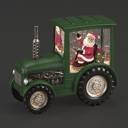 ROMAN: 4"H LIGHTED GREEN TRACTOR WITH SANTA AND PRESENTS