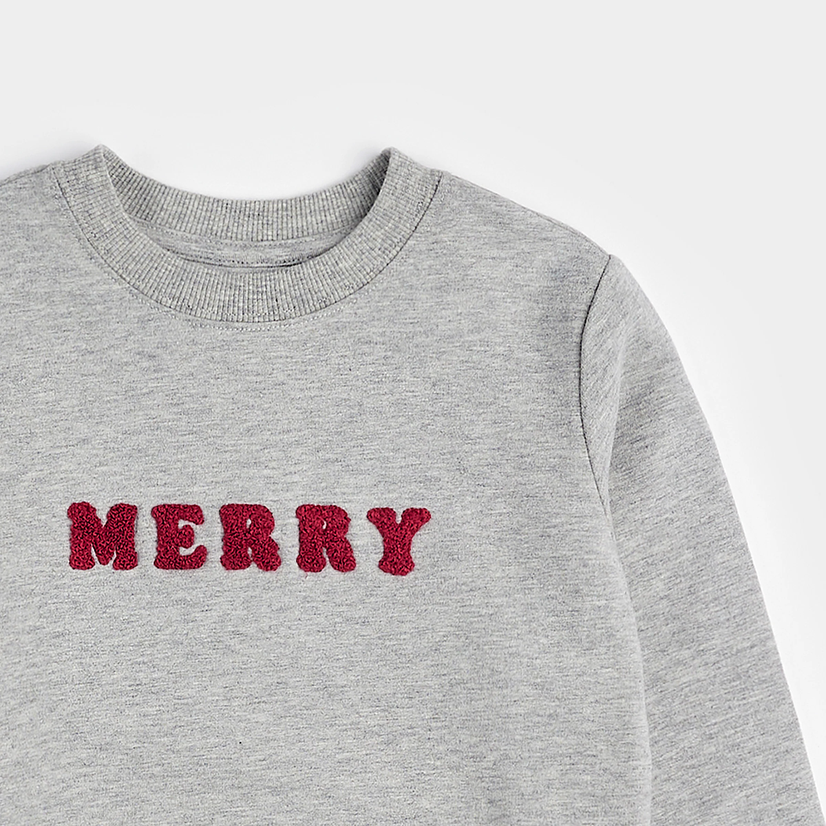 PETIT LEM: MERRY IN CHENILLE ON HEATHER GREY FLEECE SWEATSHIRT