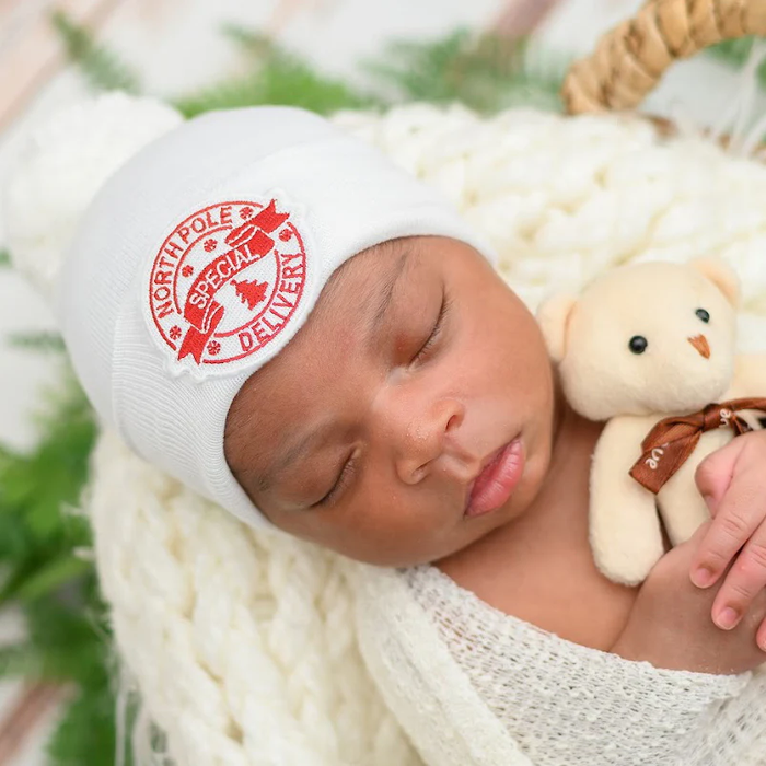 ILYBEAN: NORTH POLE SPECIAL DELIVERY CHRISTMAS SANTA HAT - WHITE NEWBORN HOSPITAL HAT WITH POM POM