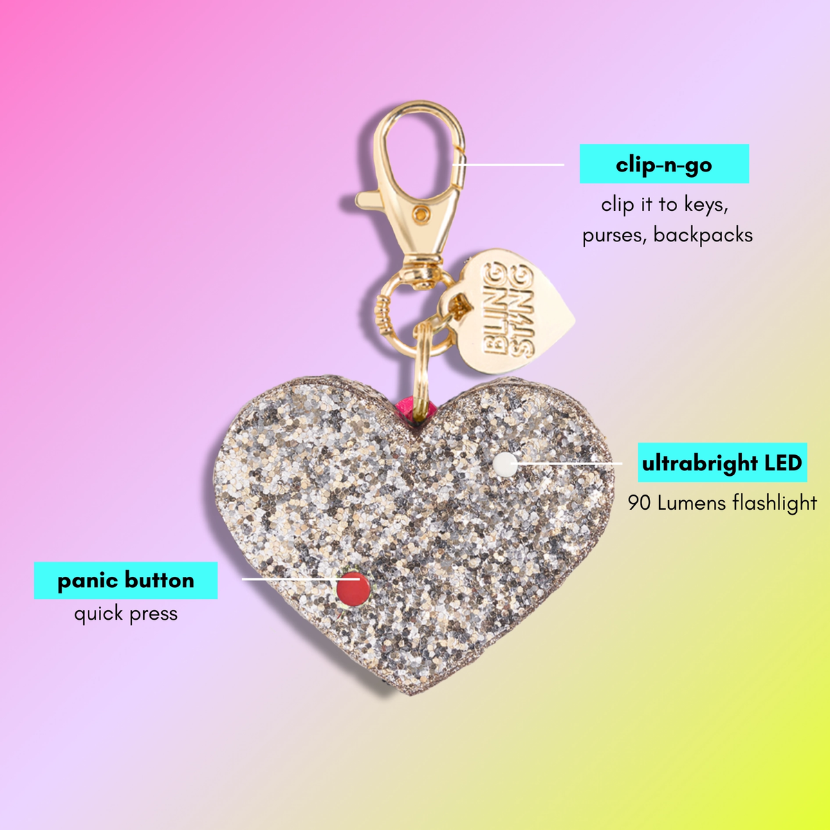 BLINGSTING: HEART SAFETY ALARM - ROSE GOLD GLITTER